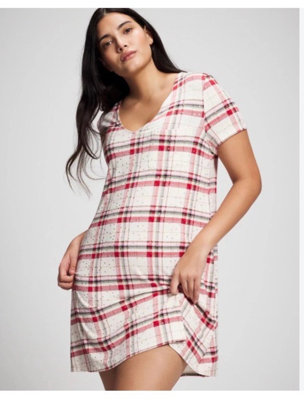Soma Plaid Short-Sleeve Nightshirt - Red, Black & Cream